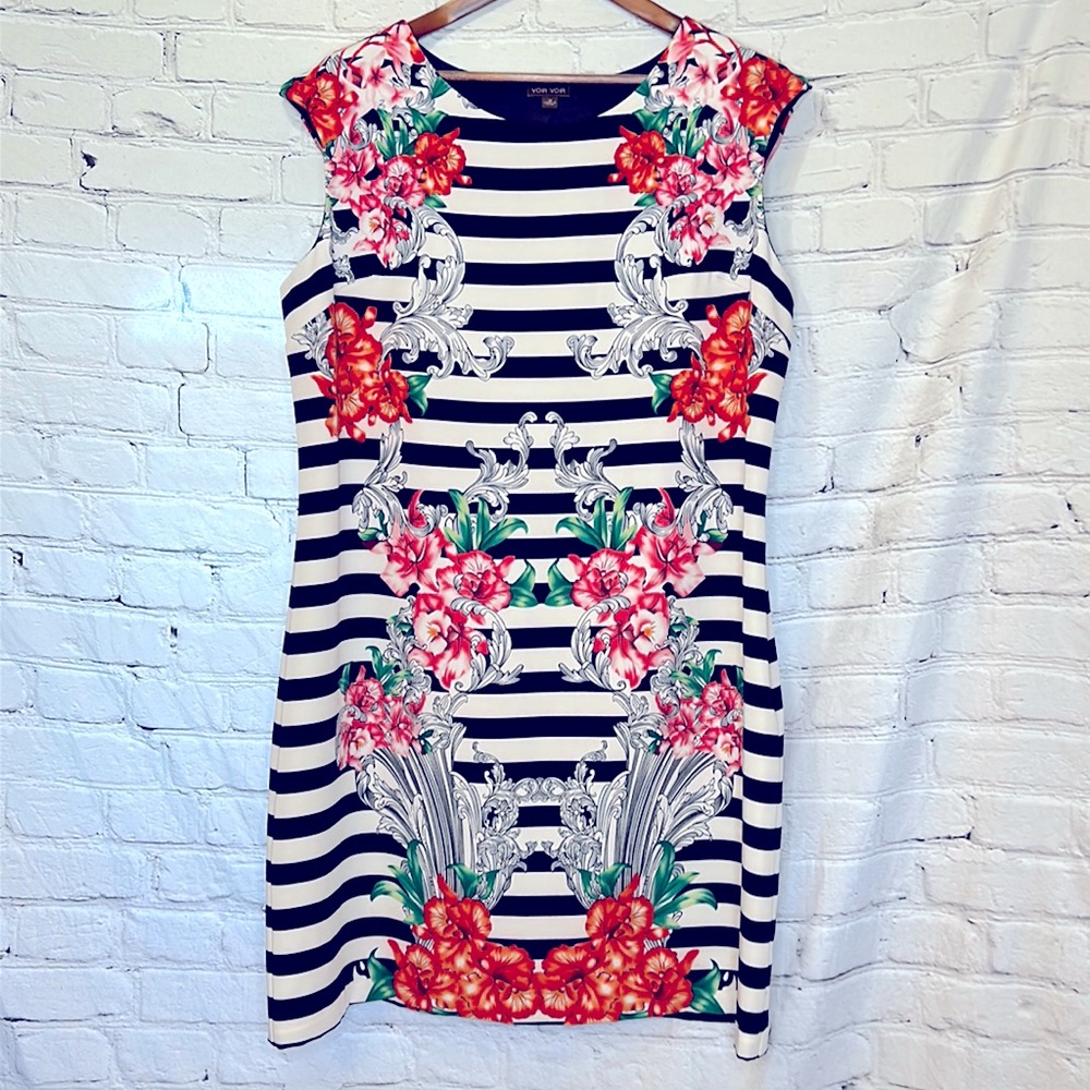 Voir Voir Black White Striped Red Floral Cap Sleeve Dress Size 18